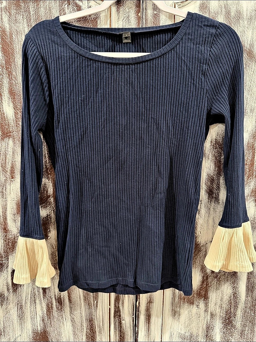 J.CREW Ribbed Bell-Sleeve Top Blue & Cream Small